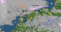 Enkele lichte sneeuwbuien boven het Waddengebied. Deze buien worden gevoed door het milde zeewater. Wanneer ze boven land komen sneeuwen deze buien uit, doordat er geen energiebron meer aanwezig is.