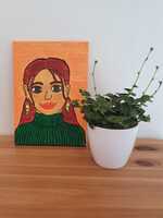 Girl with a parrot earrings, acrylic on canvas leveys/ width 24 cm korkeus/ height 33 cm hinta/ price 50 €