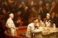 William Halsted realizando una mastectomía en plena demostración a estudiantes de la época.
