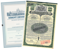 Left: Gift certificate for current bond issue ‘’In the Name of the Republic’’. Right: Unrepaid Czechoslovak 1922 dollar bond showing a stamp of acceptance and eligibility (in red) to a 1986 Settlement.