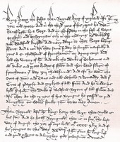 A page from the cartulary describing how Sir Robert Woodford (1382-1455) was knighted on the field of Agincourt.