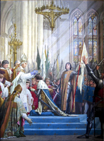 Jules Eugène Lenepveu (CC BY-SA 2.5) do Wikimedia Commons - Esta famosa pintura ilustra a coroação do Rei Carlos VII em Rheims pelo Arcebispo de Chartres com Joana d'Arc nas proximidades, seus olhos erguidos para o céu para nos lembrar que este evento é devido apenas à vontade de Deus.