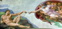 Nel riquadro, uno dei geni assoluti della storia dell'uomo, un Italiano: Michelangelo Buonarroti, La Creazione di Adamo, 1511. Affresco, cm 280 x 570. Cappella Sistina, Musei Vaticani.