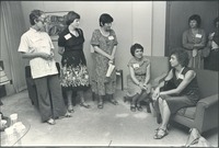 The four members of the Morgantown National Endowment for the Humanities Women in the Community Project team are pictured here with Barbara Haber, Curator of Printed Books at the Schlesinger Library for the History of Women in America at Radcliffe College in Cambridge, Mass. Team members were: Dr. Judith Gold Stitzel, Carroll Wetzel Wilkinson, Barbara Caron, and Meredith Pearce, 1981. Carroll Wilkinson Papers,WVRHC.