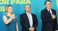 Dep Joice Hasselmann — líder do governo no Congresso. Paulo Guedes — ministro da Economia. E presidente Bolsonaro: desmonte do Estado. Foto: Fabio Rodrigues Pozzebom/Agência Brasil .