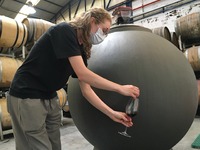 La enóloga Letícia Fensterseifer retirando muestra de Syrah de un Galileo