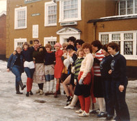 Line-up for the Boxing Day football match between the Men’s Darts team (disguised as ladies) and the Women’s Darts team (dressed as men), Christmas 1982.