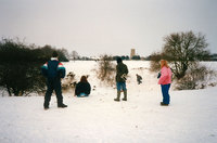 A snowy 'Mary Grimes Pit', early 1991 with few trees and plenty of steep slopes for sledging.