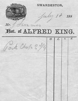 Alfred King of Swardeston served Mulbarton, too, in the 1880s. He bought cattle from Mr Turner. Later, the family took over the Mulbarton butcher's shop.