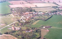 Old Hall in foreground, with Long Barn to left, + church & pond