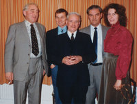 Peter Lockhart (left) with 3 other Parish Council Chairs & the Clerk retiring after 10 years. Also L>R Peter Mickleburgh; E A Marlow (Clerk); John Wheeler; Val Grogutt. Dec. 1983