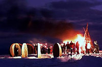 A bonfire by the Children of the Earth monuments welcomes the new millennium on New Year's Eve 1999.