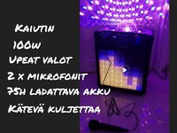 Party kaiutin setti, valot ja 2 x mikrofoneja. Helppo kuljettaa juhlat minne vaan! 34,00€/juhla