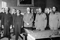 Fotografie z průběhu Mnichovských jednání – zleva: Neville Chamberlain za Velkou Británii, Édouard Daladier, zástupce Francie, Adolf Hitler za Německo a Benito Mussolini za Itálii