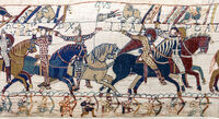 Tapiserie z Bayeux zobrazující ovládnutí Anglie Normany v roce 1066. Zdroj: Wikipedie, Myrabella