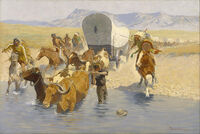 Do cíle, osídlovat nové oblasti, nedojel zdaleka každý dostavník s novými přistěhovalci. Zdroj: Wikipedie, Frederic Remington