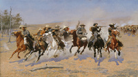 Kovbojové měli pravidelně v patách útočící Indiány na ochočených mustanzích. Zdroj: Wikipedie, Frederic Remington