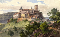 Hrad Křivoklát na akvarelu Antonína Mánesa (1835). Zdroj: Wikipedie