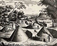 Výroba dřevěného uhlí spalováním v tzv. milířích, vyobrazení z roku 1763. Zdroj: Wikipedie, Encyklopedie aneb Racionální slovník věd, umění a řemesel.