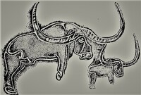 Vyobrazení praturů na stěnách alžírského skalního masivu v Tassili. Zdroj: Wikipedie