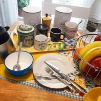 Fresh fruits, three kind of coffees and teas, sugar,milk and mineral water