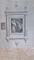 Stampa d'epoca con il progetto dell'edicola di Palazzo Jona con il quadro
