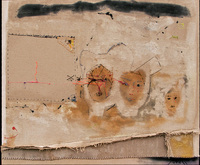 Radio Interference in The Lower World III, Oil-, acrylic-, enamel paint, shellac, embroidery on canvas, 92x55x5 cm, 2008 地底世界的无线电干扰 III, 油、丙烯、瓷漆、虫漆, 布上绣花, 92x55x5 cm, 2008