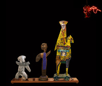 3 Lost Conquistadors Meet Maya. Painted sculptures in bronze, aluminum, wood, acrylic glass, neon. 206,7 x 220 x 40 cm (approx). 2003-06