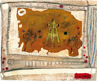 Informationsillusion, olje-, akryl-, lackfärg, shellack, broderi på linneduk, 65x55x5 cm, 2008. Samling: Katrineholms stad