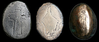 Medallions (details of the conquistadors above), painted and patinated bronze, aluminum