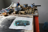 Potatistryck under arbete. Studio o Caochangdi, Beijing 2011