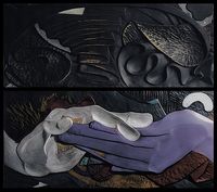 Confidence or Betray. Oak wood, oilpaint, diptyk: 164 x 67 cm, 175 x 75 cm. 1995. (Private collection).