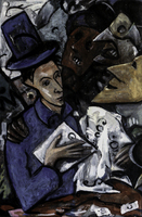 An Exemplary Action. Oil and tempera on canvas. 70 x 100 cm (approx). 1987 (approx). (Private collection).