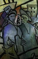 Two Cousins with Dog. Water color, ink. 63 x 98 cm. 1985 (approx). This is a preparatory work - before the first relief about Mr K.). (Private collection)