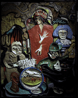 The Trick, relief in painted oakwood, 125x100 cm. 2002-04. In the collection of Campus Varberg, Sweden