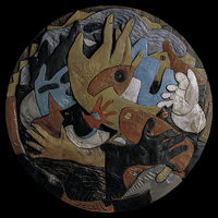 Koggs and Wheels. Oak wood and oilpaint. ø: 90 cm. 1995. (Collection: Metal Union at Volvo CE, Eskilstuna, Sweden).