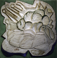 Beef and Greens. Oak wood, oil paint, kaolin. 91 x 91 cm. 2001