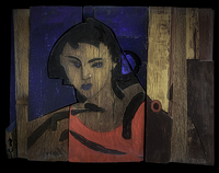 Justine. Asobé (African hardwood), Oak wood, oil paint. 47 x64 cm (ca). 1994. (Private collection)