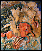 Engelska The Four Riders. Oak, oil paint. This piece is the first relief of its kind by Torsten Jurell. 54 x 67 cm. 1981. (Private collection).