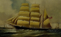 Barken Vanadis ble bygd på John Hauges verft og levert i 1877. Maleri av T. Bourke.