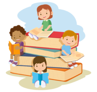 desenho de 4 crianças lendo e sentadas em livros gigantes