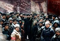Edición a color de una fotografía del Partido Bolchevique en plena revolución rusa