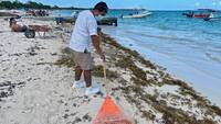 Personas retiran el sargazo de la playa en un resort en Playa del Carmen, México, 2 de marzo de 2021 Foto: Daniel Slim / AFP