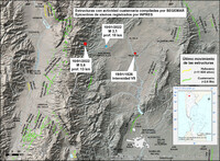 En el mapa se muestra la localización de los sismos junto con la información existente en el Sistema de Información Geográfica de las Deformaciones Cuaternarias de la República Argentina (SEGEMAR), que incluye las estructuras principales con registro de actividad tectónica en los últimos 2,6 millones de años.