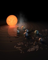 De ultrakoele rode dwerg Trappist 1 en haar zeven planeten (artistieke weergave, NASA/JPL Caltech/R. Hurt))