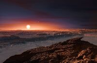 Representación artística de la superficie del planeta Próxima b en órbita de la estrella enana roja Próxima Centauri, la más cercana al Sistema Solar (licencia ESO/M. Kornmesser/CC-BY-4.0).